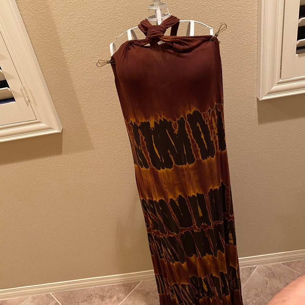 Batik Print Long Dress w/ Unique Neckline
